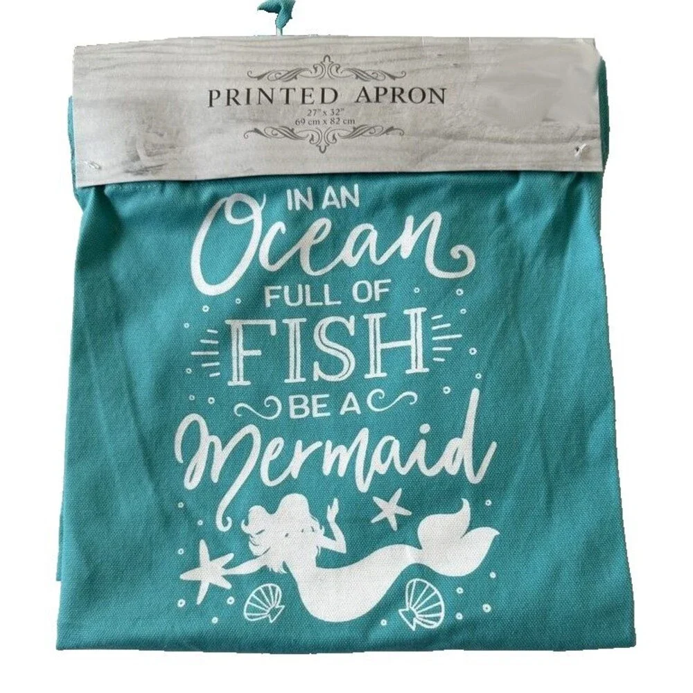 Nantucket Nautical Beach Printed Chef Apron 100% Cotton Be A Mermaid Ocean Blue